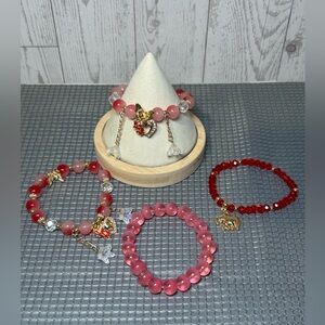 Pink and Red Beaded Charm Bracelet Set